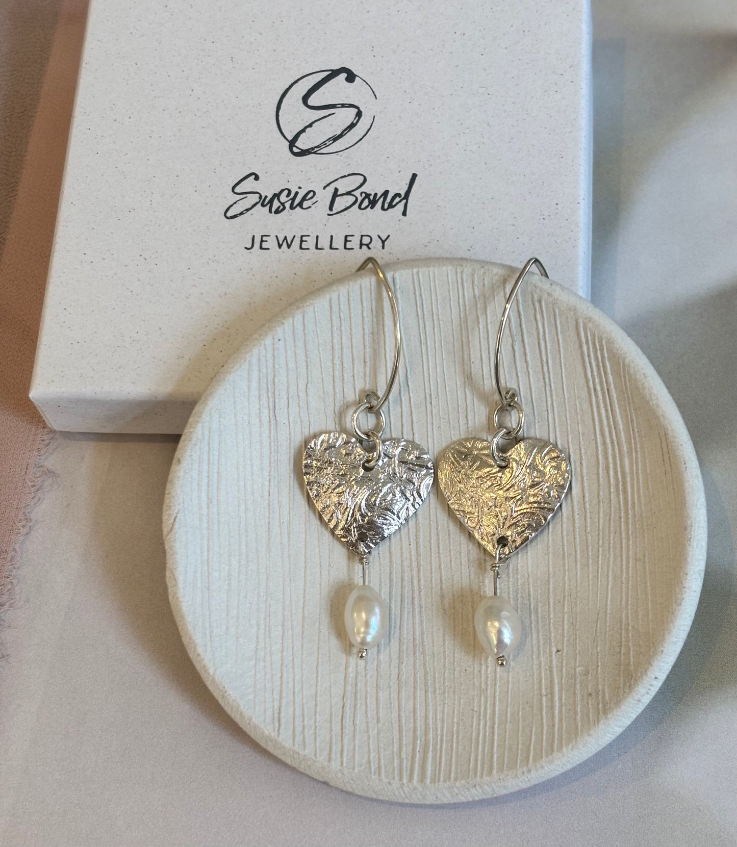 Silver Textured Heart Earrings with Keshi Pearls