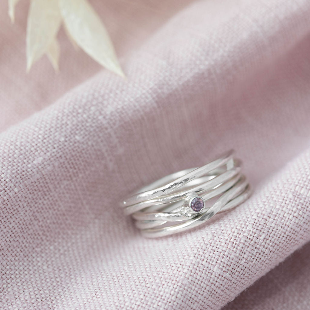 Silver Spaghetti Ring with pretty blue sapphire
