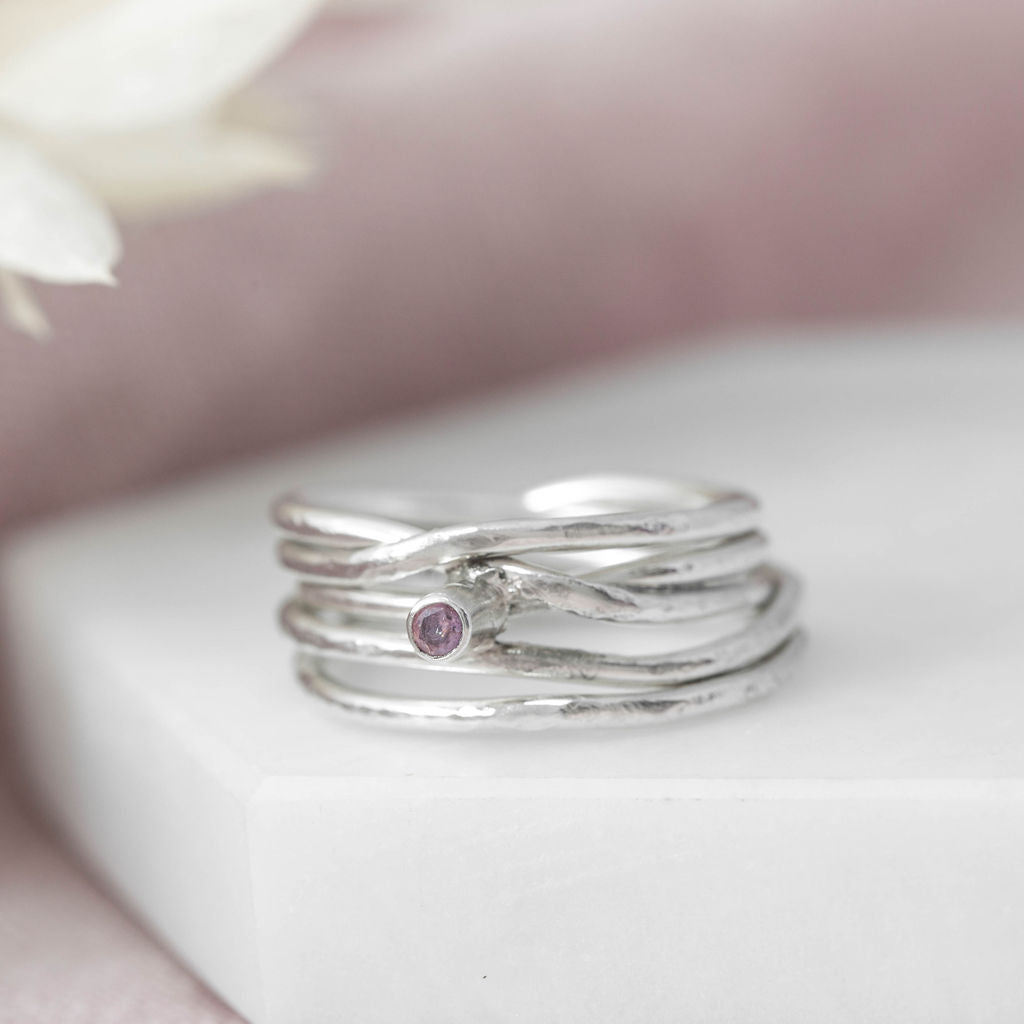 Silver Spaghetti Ring with pretty blue sapphire