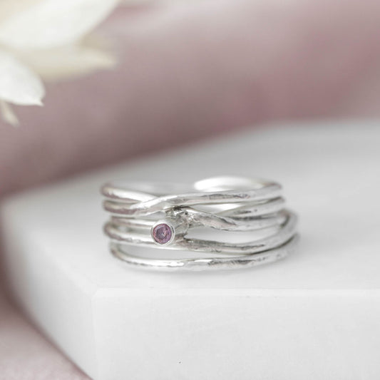 Silver Spaghetti Ring with pretty blue sapphire