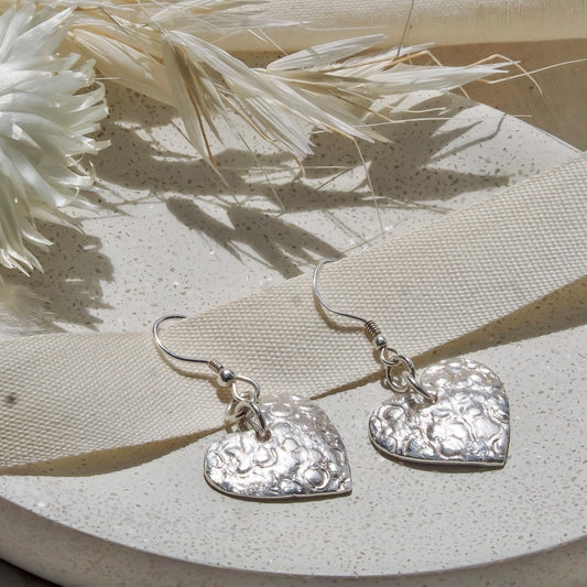 Textured Heart Earrings in handcrafted in Fine Silver