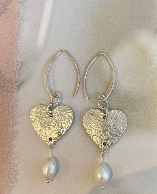 Silver Textured Heart Earrings with Keshi Pearls