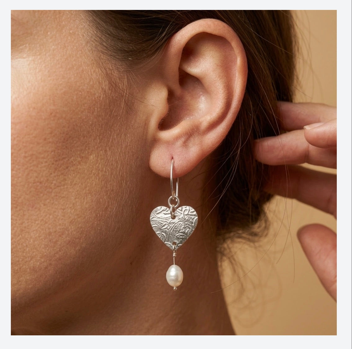 Silver Textured Heart Earrings with Keshi Pearls