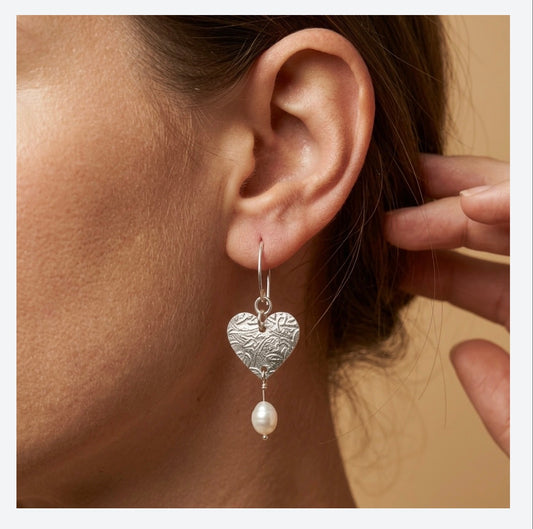 Silver Textured Heart Earrings with Keshi Pearls