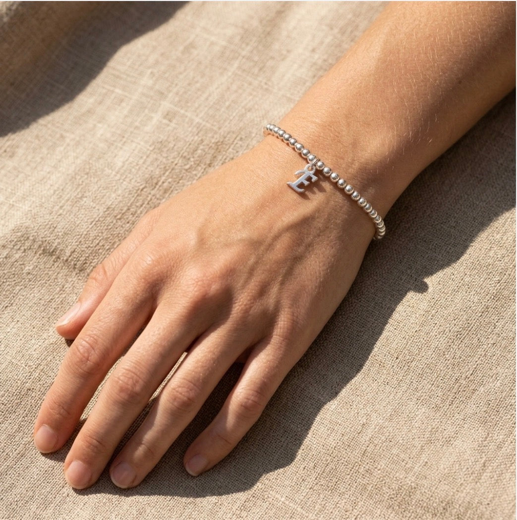 Silver Beaded Bracelet with an Initial Charm
