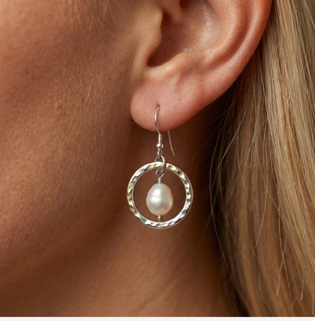 Keshi Pearl Earrings within Organic Silver Circles