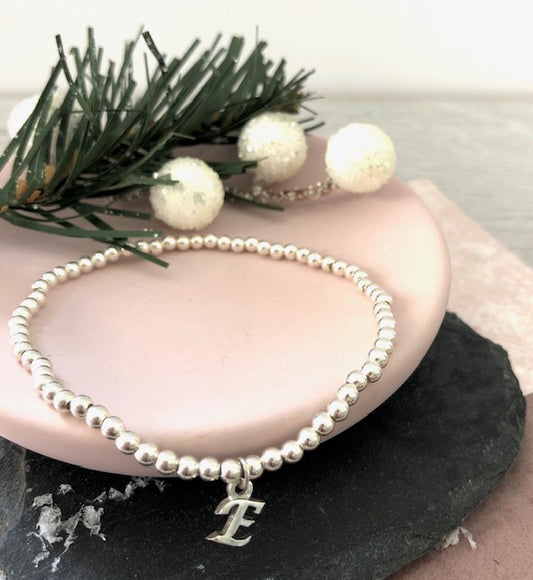 Silver Beaded Bracelet with an Initial Charm