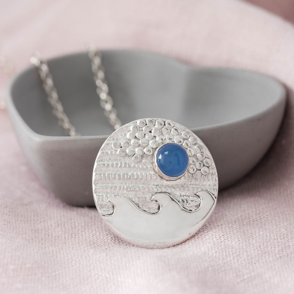 Silver Pendant Blue Moon Rising Over the Waves
