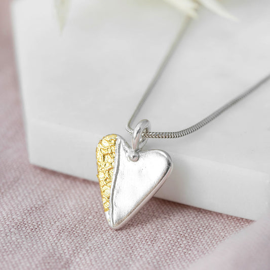 Silver Heart necklace with embossed gold leaf